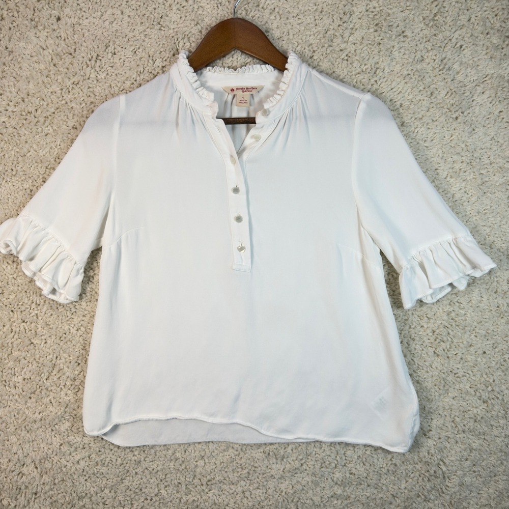 Brooks Brothers Red Fleece Blouse Womens 4 White Ruffle Sleeve Preppy Viscose